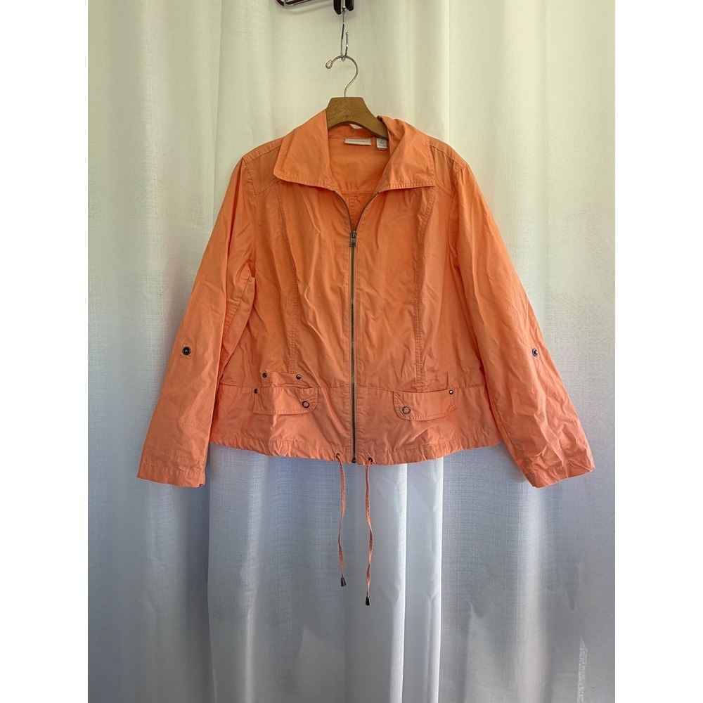 Chicos Coral Orange Cotton Full Zip Lightweight Roll Tab Jacket Size 2 Large